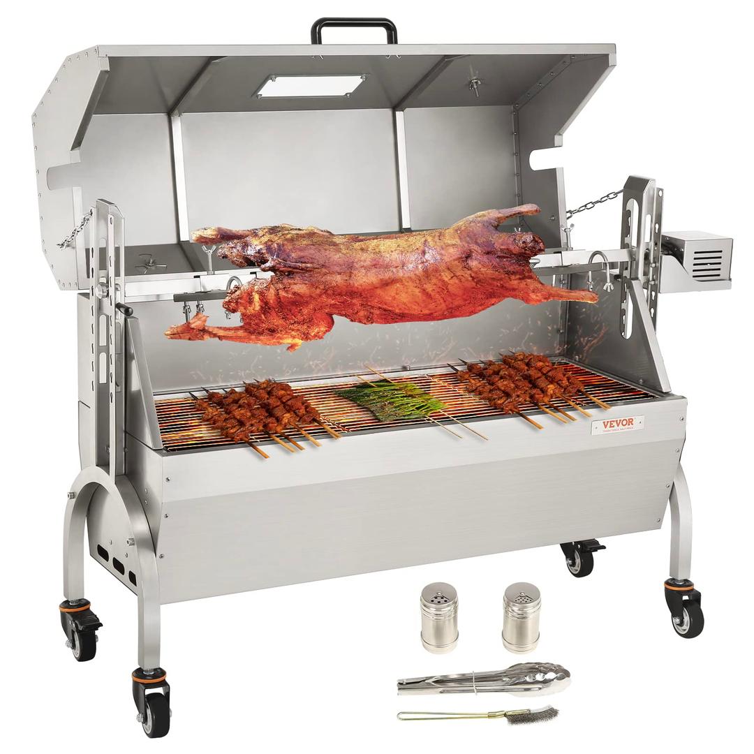 VEVOR Stainless Steel Rotisserie Grill with Hooded Cover, BBQ Whole Pig Lamb Goat Charcoal Spit Grill, Electric 50W Motor BBQ Hog Rotisserie Roaster, 46 Inch 132Lbs Capacity Lamb Rotisserie System