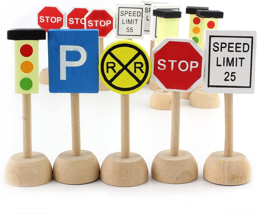 AttatoyKids Wooden Street Signs Playset (14-Piece Set), Wood Traffic Signs Perfect for Car & Train Set