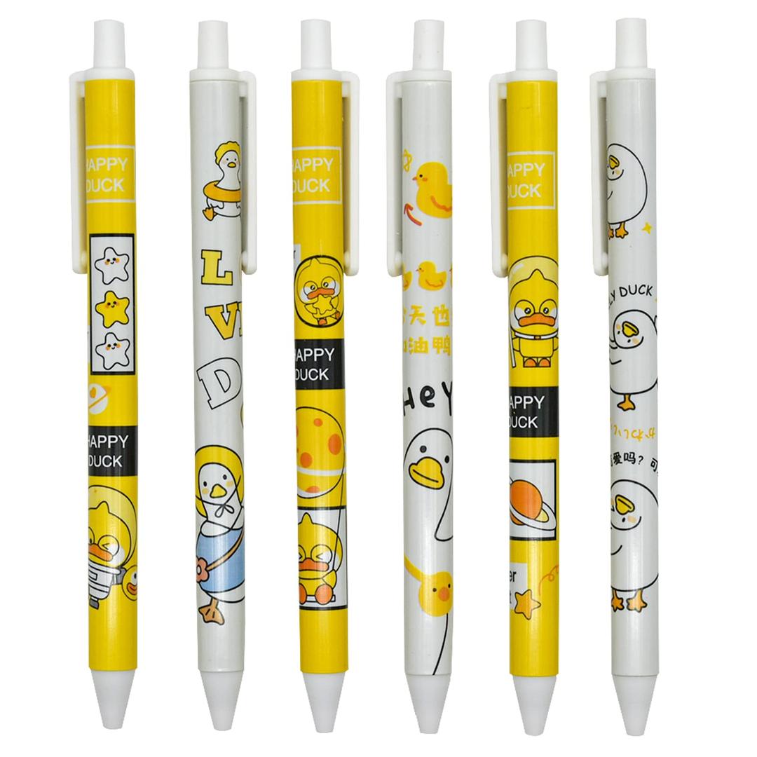 Lopenle 12PCS Little Yellow Duck Print Pens Happy Lovely Duck Retractable Gel Pens Black Ink For Kids School Supplies Office Party Birthday.