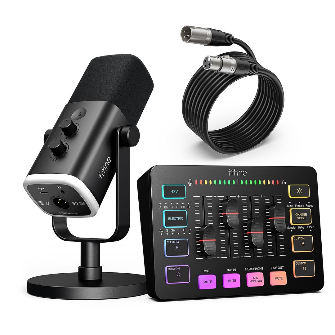 FIFINE Gaming Equipment Bundle, Dynamic XLR/USB Gaming Microphone Set with Streaming Audio Mixer for Podcast Recording Video Vocal, RGB Gamer Set with Volume Fader/XLR Interface for PC-AmpliGame KS5