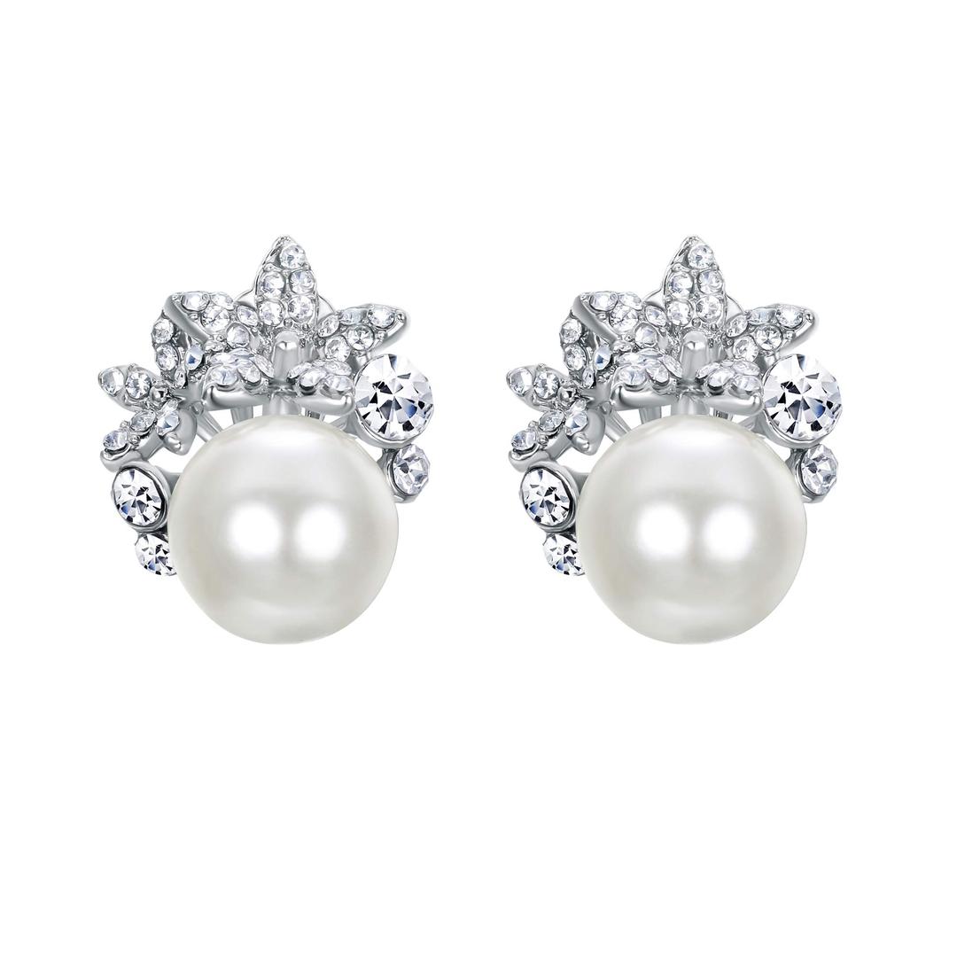 EVER FAITH Bridal Silver-Tone Flower Simulated Pearl Stud Earrings Austrian Crystal Clear - Clip-on