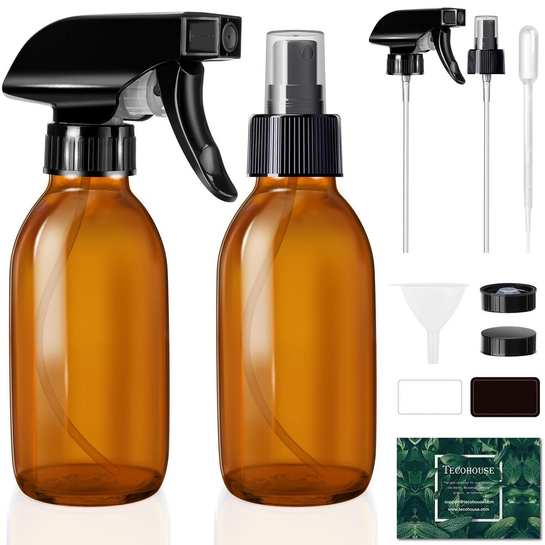 Glass Spray Bottles 4 OZ, Amber Empty Spray Bottle for Essential Oils, Small Glass Bottles for Cleaning Solutions, Plants, with Durable Nozzle, Labels, Funnel, Pipettes