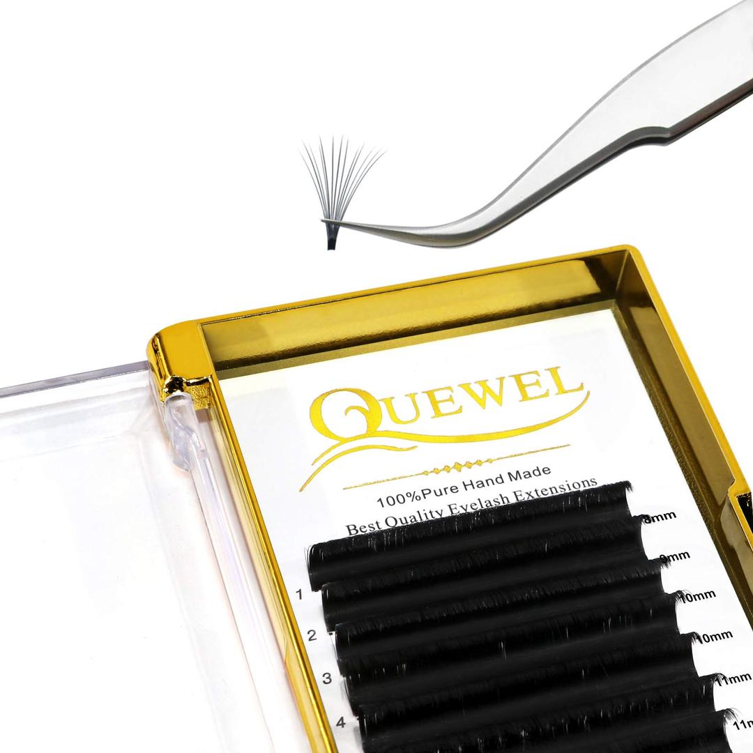 QUEWEL Volume Eyelash Extensions | 0.03-0.12mm | C/CC/D/DD Curl | 8-25mm Length | Easy Fan 2D-20D Self Fanning Volume Lashes 0.07D Mix-8-15mm Long Lasting Blooming Lashes(0.07D Mix8-15)