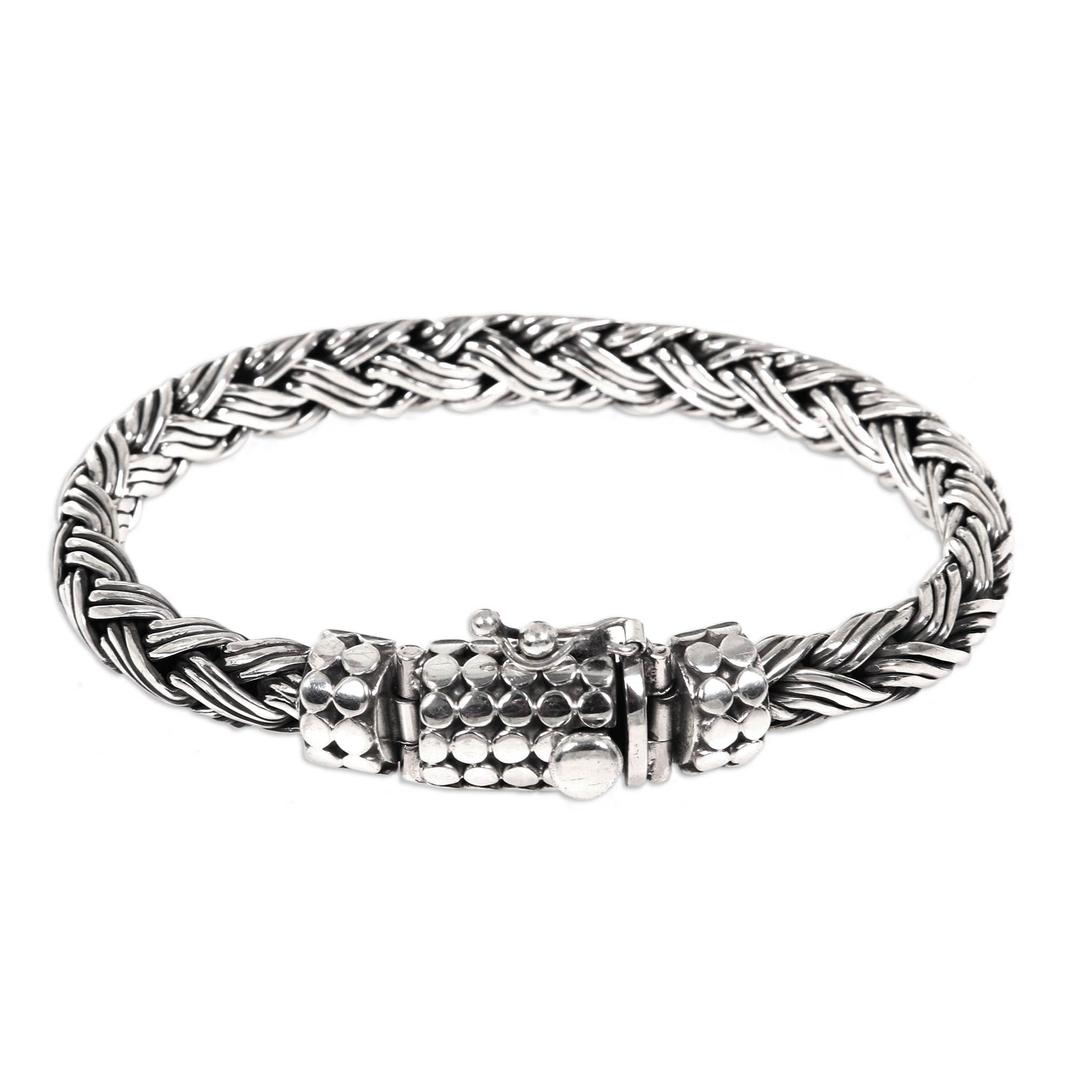 NOVICAArtisan Handmade Men's Sterling Silver Braided Bracelet Chain No Stone Indonesia [8.25 in L x 0.3 in W] ' Friendship'