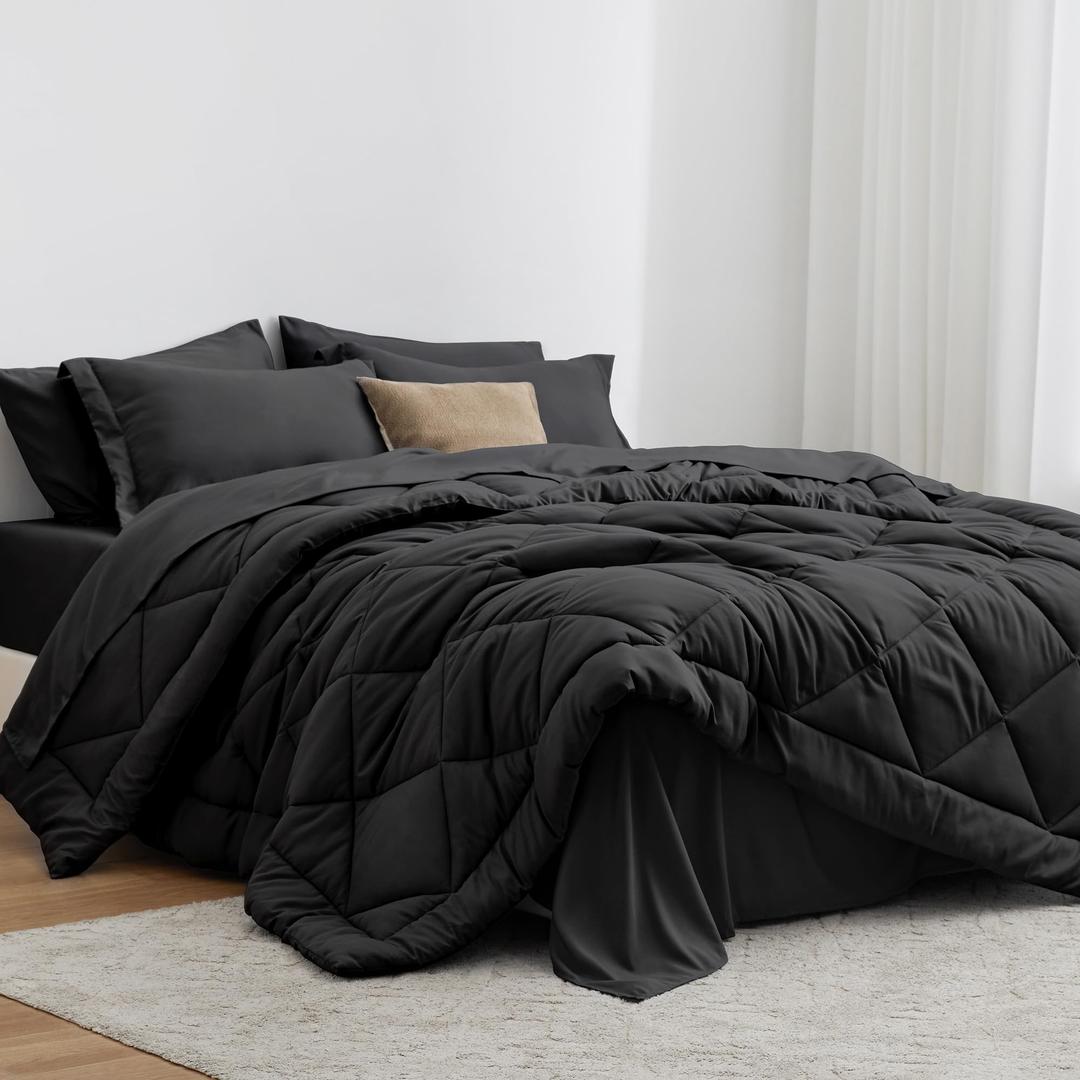 Love's cabin Full Comforter Set Black, 7 Pieces Full Bed in a Bag, All Season Full Bedding Sets with 1 Comforter, 1 Flat Sheet, 1 Fitted Sheet, 2 Pillowcase and 2 Pillow Sham