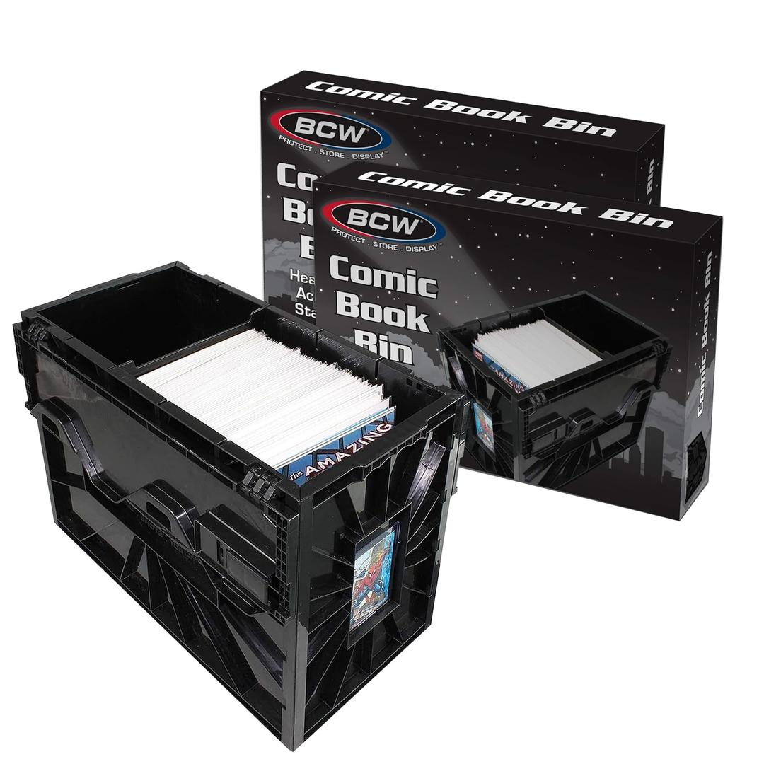 BCW Short Comic Book Bin - Holds 150 Standard Comic Books | Acid Free Comic Book Storage and Organizer | Heavy Duty Plastic Comic Storage Box | Stackable Comics Short Box (Black, 2 Pack)