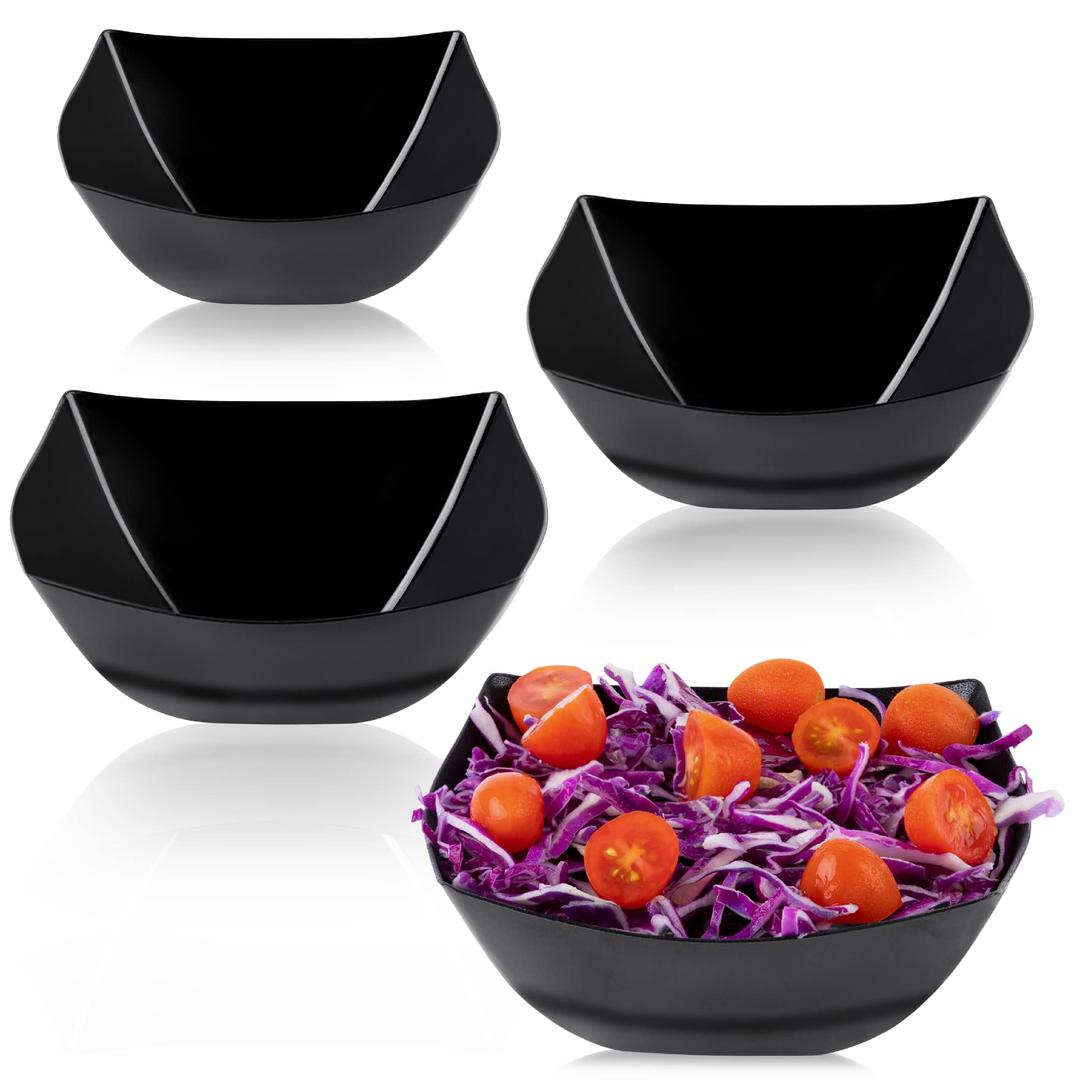 PLASTICPRO Disposable Square Serving Bowls, Party Snack or Salad Bowl, Plastic Black Pack of 4, 16 OUNCE, Black