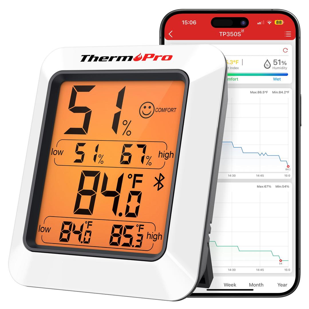 ThermoPro Hygrometer Thermometer for House TP350, Bluetooth Room Indoor Greenhouse Thermometer Monitor Up to 260FT, Backlit Humidity Meter Temperature Sensor with 2-Year Data Export