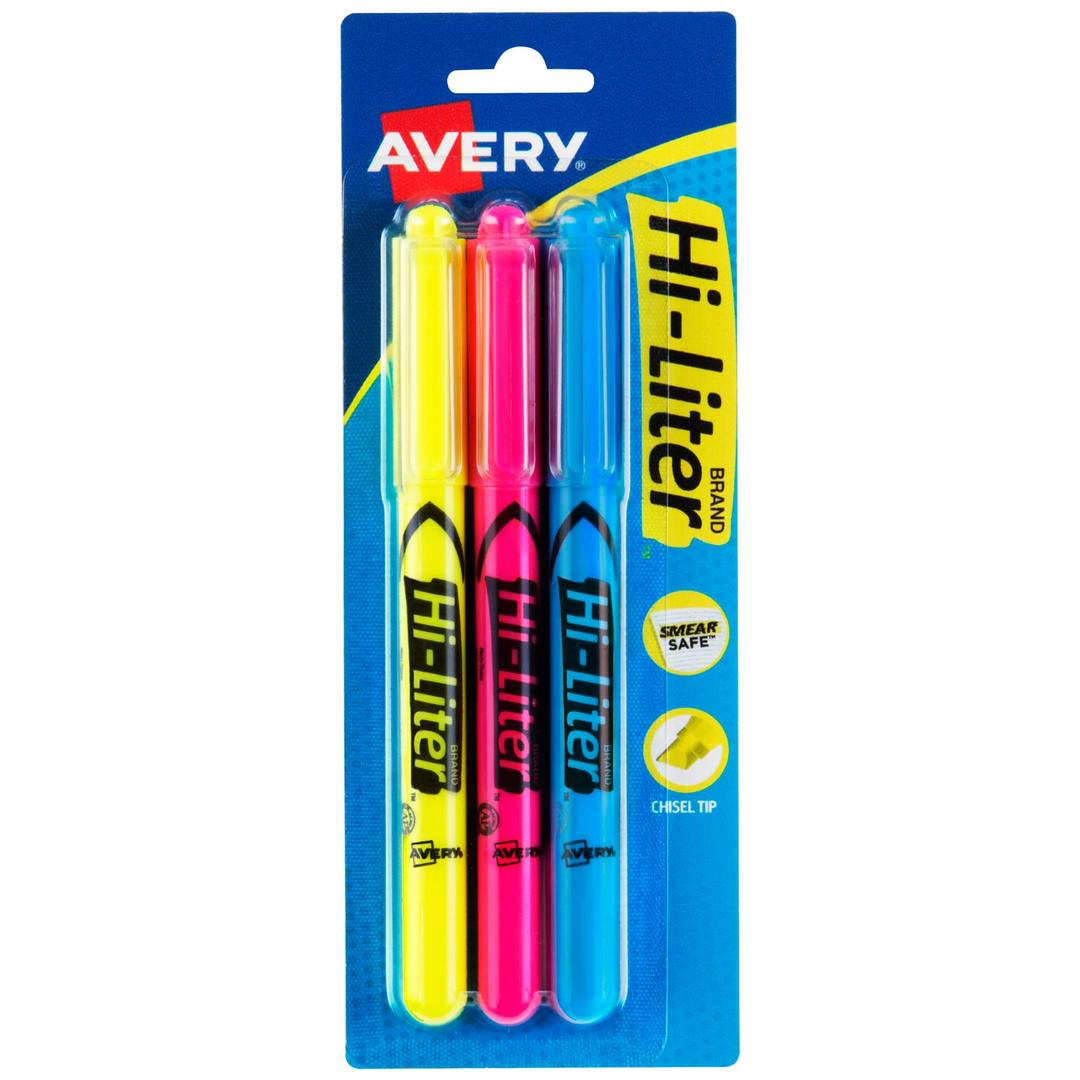 AVERY Hi-Liter Pen-Style Highlighters, Smear Safe Ink, Chisel Tip, 3 Assorted Color Highlighters (25860)