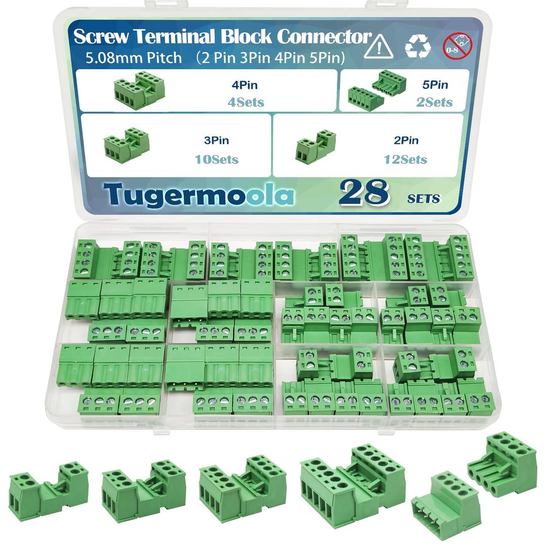 28 Sets Screw Terminal Block Connector Assortment Kit 5.08mm Pitch PCB 2Pin 3Pin 4Pin 5Pin Connectors for 24-12AWG Cable OLA007