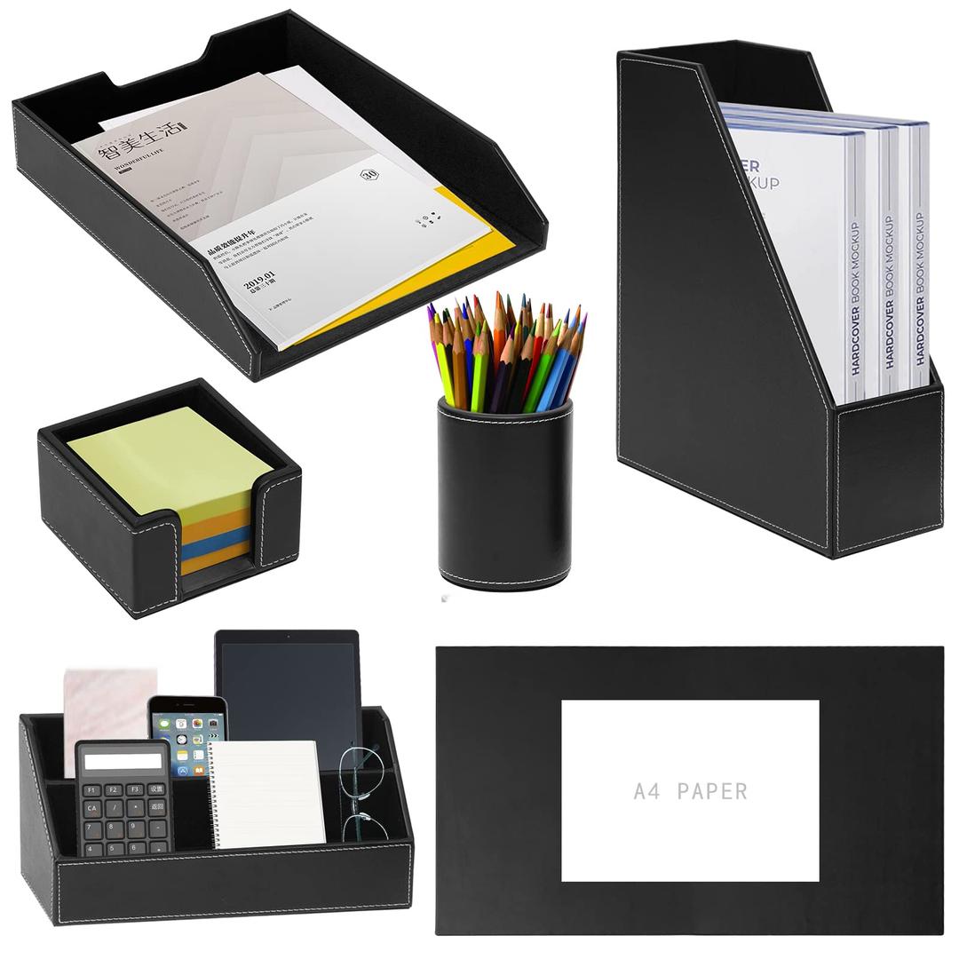 XNONE PU Leather 6-Piece Set Office Supplies/Desk Organizer,Including Writing Pad,Paper Tray,file folder/Magazine Holder,Pen Cup,Note Holder,Business Cards/Letter Sorter,Man/Woman Office Gift(Black)