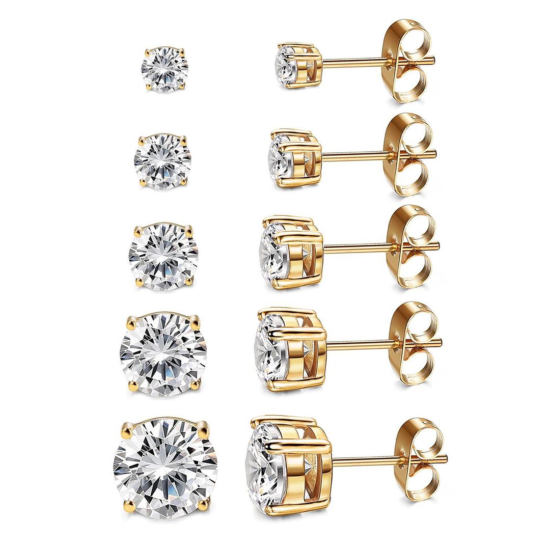 Kainier Women's 14K Gold Plated CZ Stud Earrings Simulated Diamond Round Cubic Zirconia Ear Stud Set（5 Pairs)…