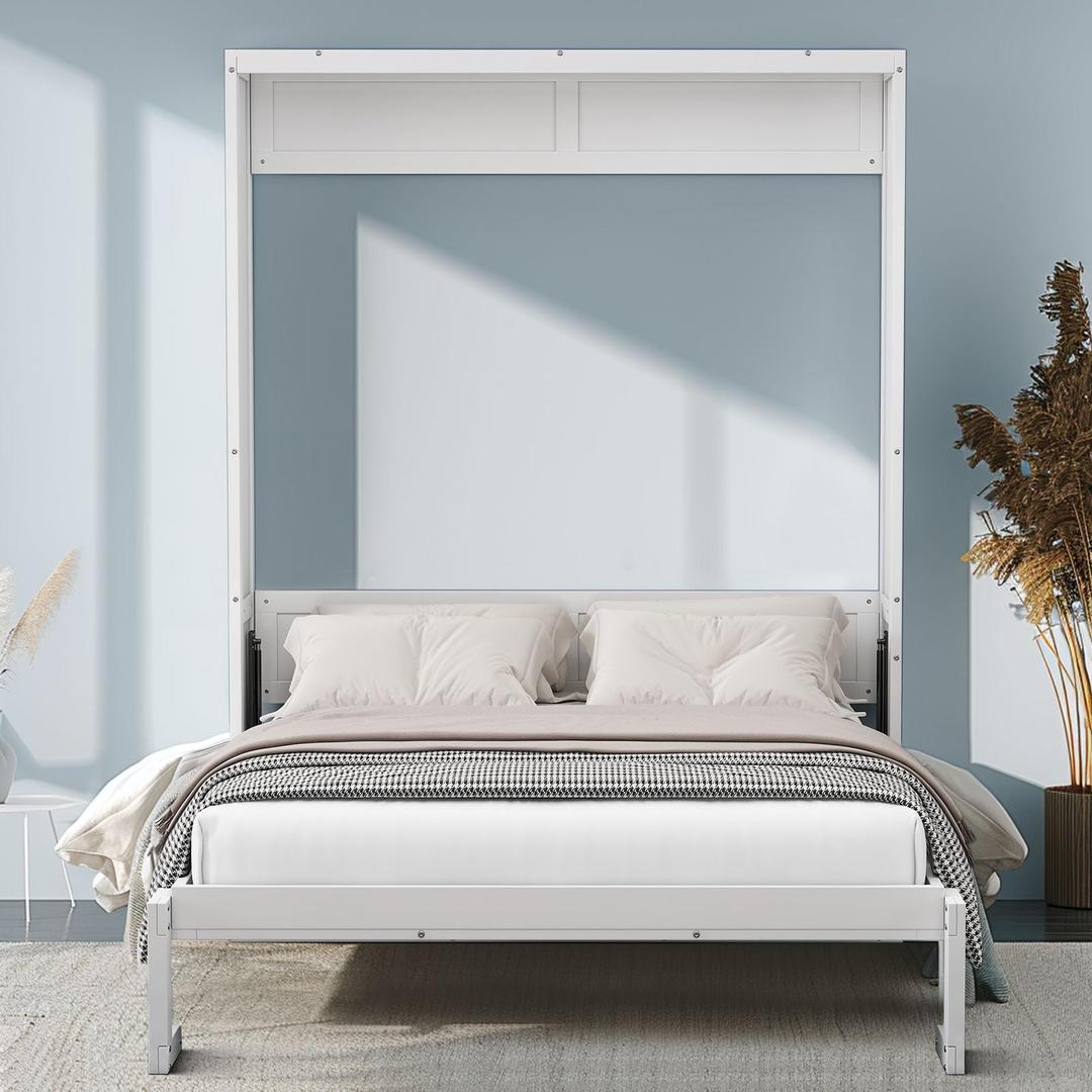 DNYN Queen Size Murphy Bed with Desk,Wall Bedframe w/Cabinet Design,for Small Space,Bedroom,Guest Room, White