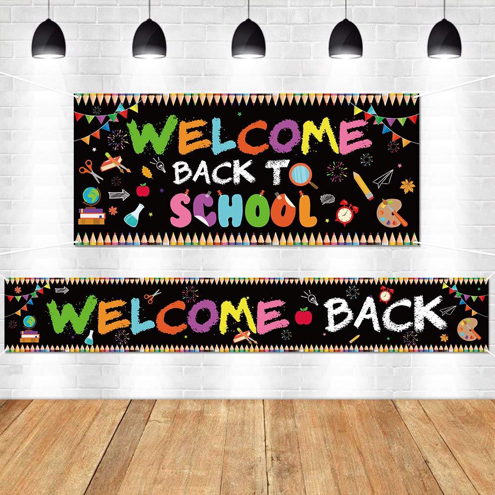 WATINC 2pcs Welcome Back to School Backdrop Banner, Extra Large First Day of School Photography Background for Back to School Party Decorations Supplies, Indoor Outdoor Photo Props Classroom Decor