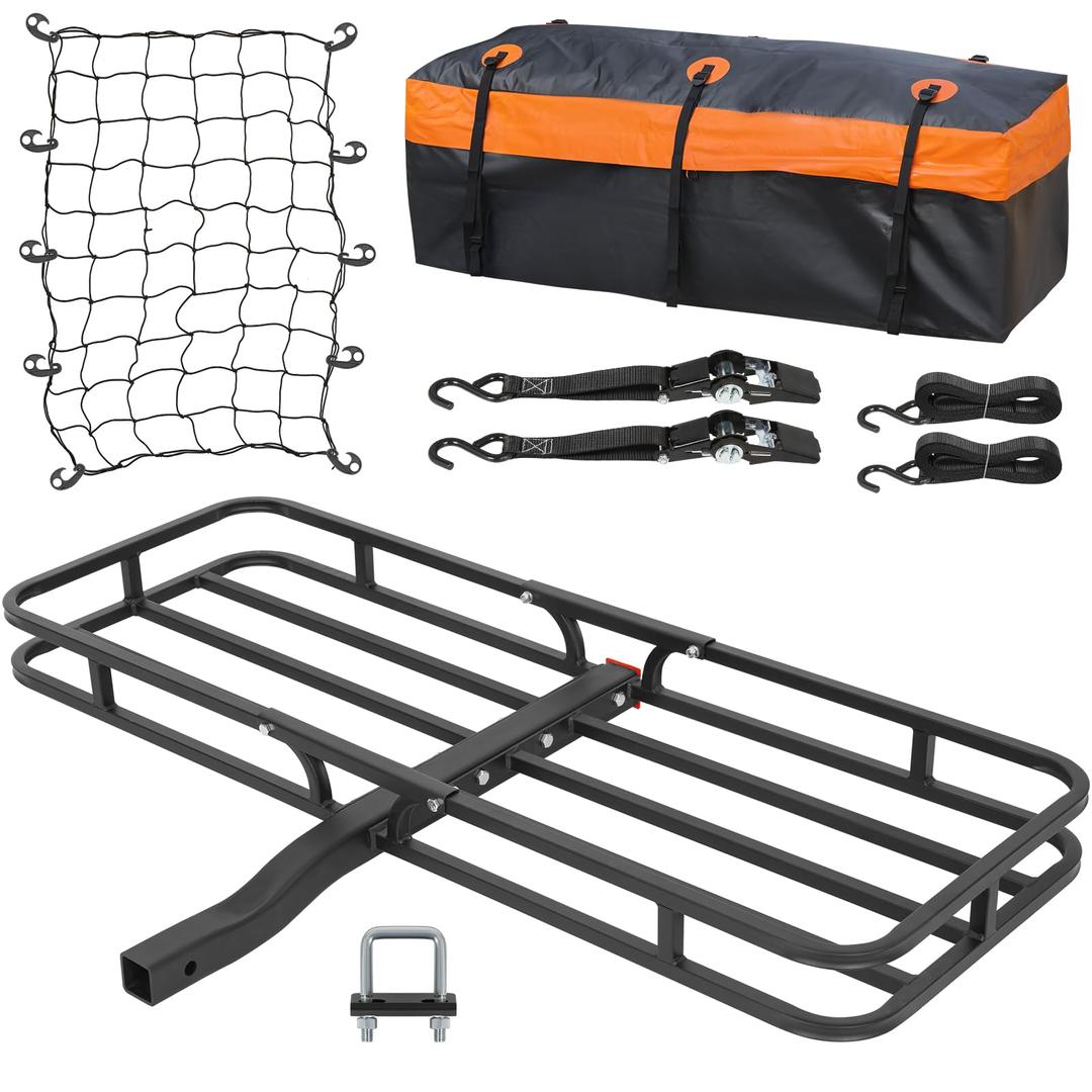 WEIZE 53" x 19" Hitch Mount Cargo Carrier, 500 Lbs Heavy Duty Hitch Cargo Basket with Waterproof Bag, Net, Strap, Tightener & 2" Hitch Shank for Car SUV Traveling Camping, Steel Construction