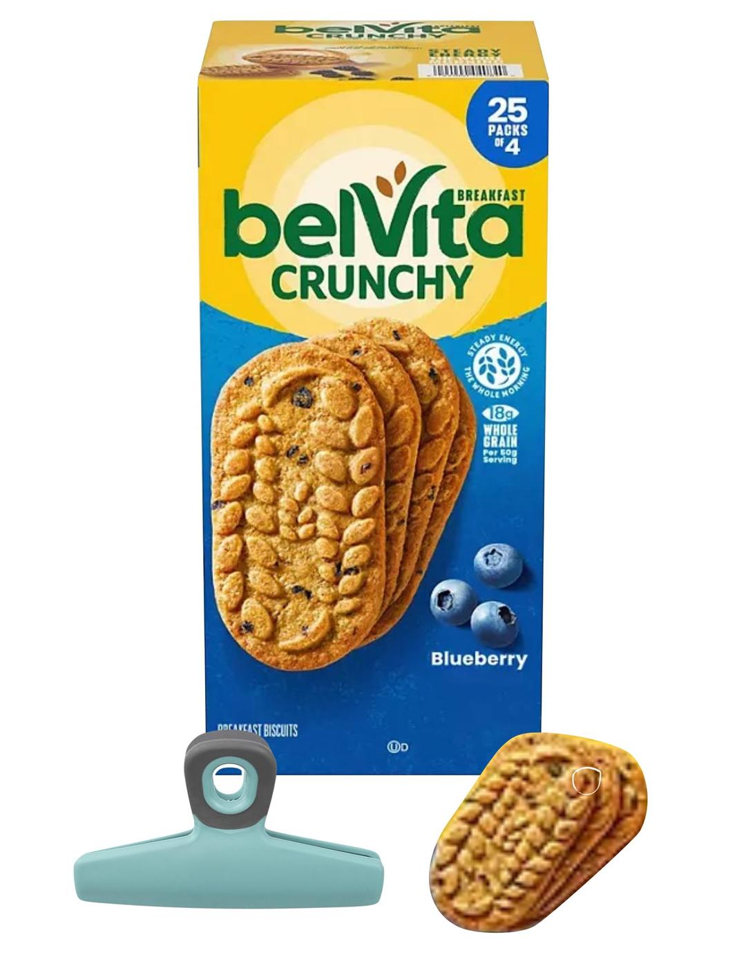 BelViita Blueberry Breakfast Biscuits, 4 Biscuits per Pack, 25 Pack, With Bag Clip (25 Packs, Blueberry)