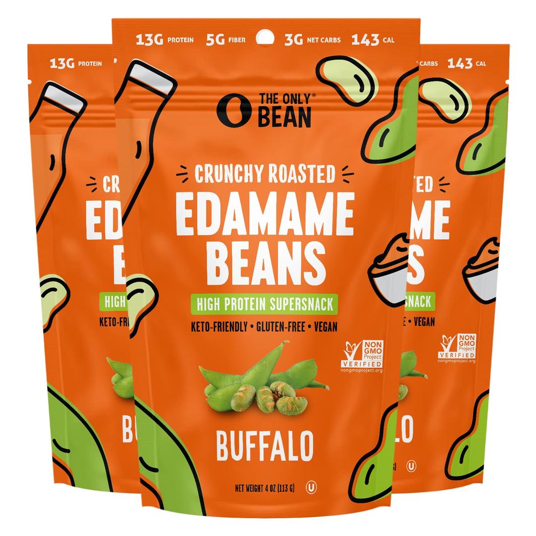 The Only Bean - Crunchy Roasted Edamame Beans (Buffalo), Keto Snacks, Healthy Snacks For Adults and Kids, Low Carb High Protein Snacks, Low Calorie Gluten-Free Snack, Vegan Keto Food - 4 oz (3 Pack)