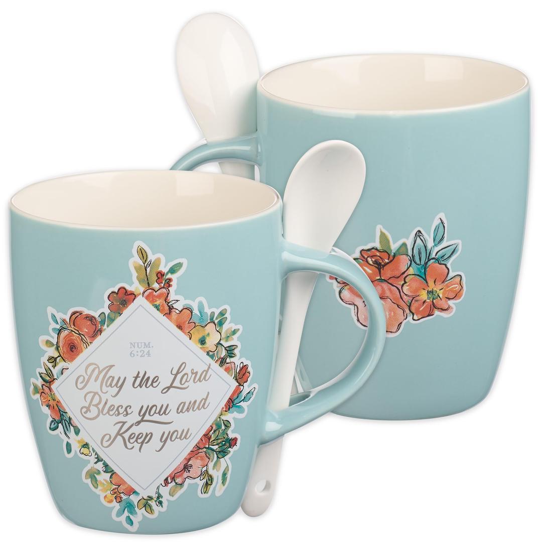 Christian Art Gifts Scripture Coffee and Tea Mug with Ceramic Spoon Set for Women: May the Lord Bless You - Numbers 6:24 Inspirational Bible Verse Hot & Cold Beverages, Light Teal/White Floral, 12 oz.