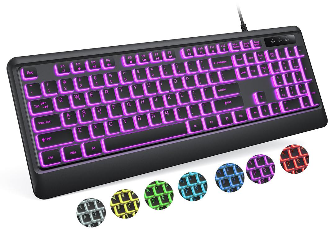 Backlit Computer Keyboards, Wired USB LED Keyboard with 7 Colors Backlight, Plug and Play, Waterproof, Full Size Quiet Computer Keyboard for Windows Desktop, PC, Laptop, Gaming