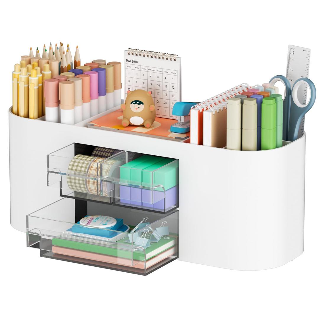 Marbrasse Desk Organizer Pen Holder for Desk with 3 Drawers, Multi-Functional Pencil Holder, Desk Organizers and Accessories with 7 Compartments + Drawer for Home, School, Classroom(Beige)