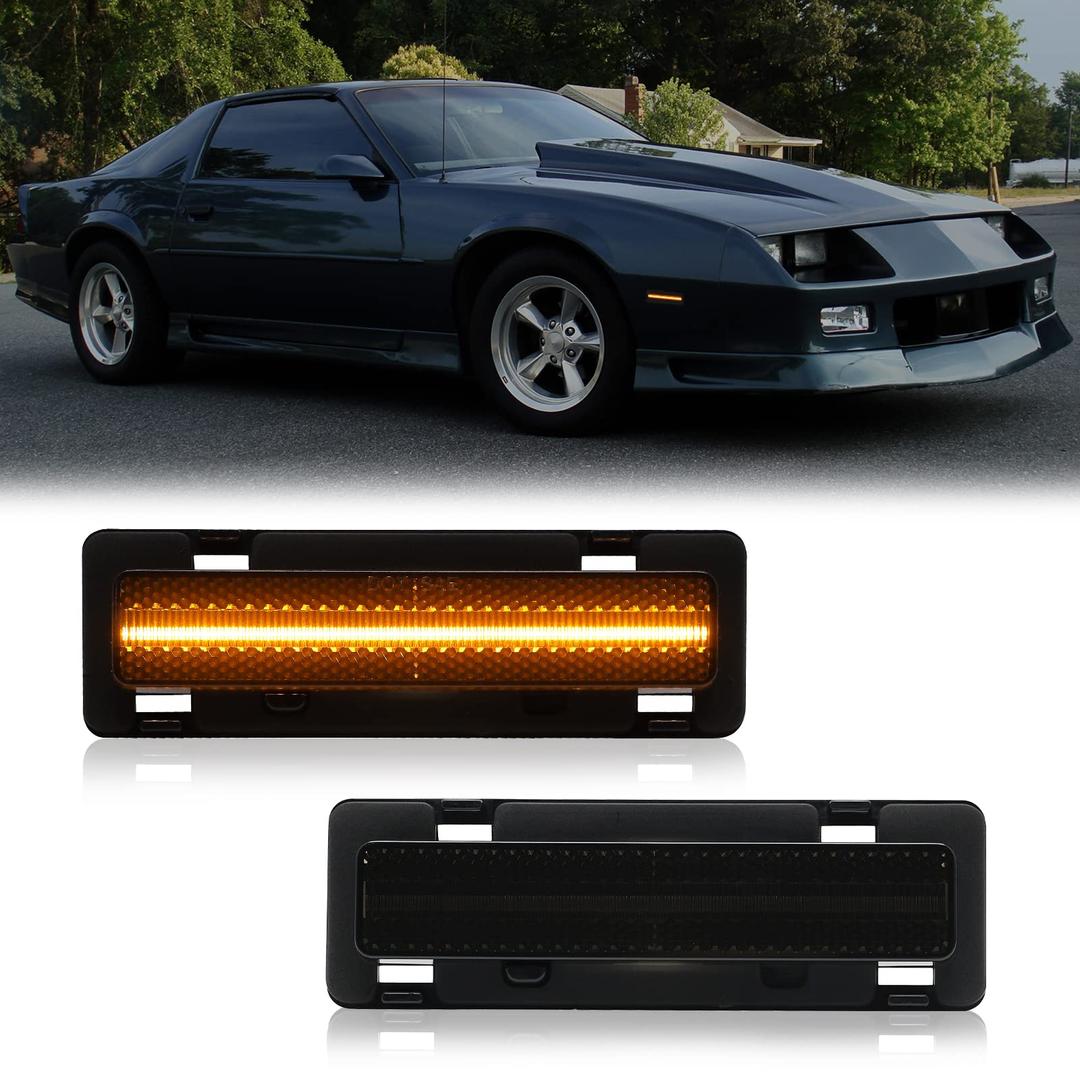 R&F Auto Smoked LED Front Side Marker Light Replacement for C'hevy Camaro (1982-1992) LT, RS, Sport, Iroc-Z, Z28 Coupe Convertible Driver Passenger Sidemarkers Lamp Bumper Signal Parking Marker Light