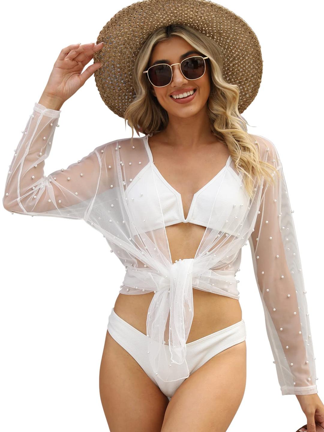 EDIMENS Bathing Suit Cover Ups for Women Long Sleeve Pearls Sheer Mesh Beach Cover Ups Swimwear Swimsuit Coverup for Women