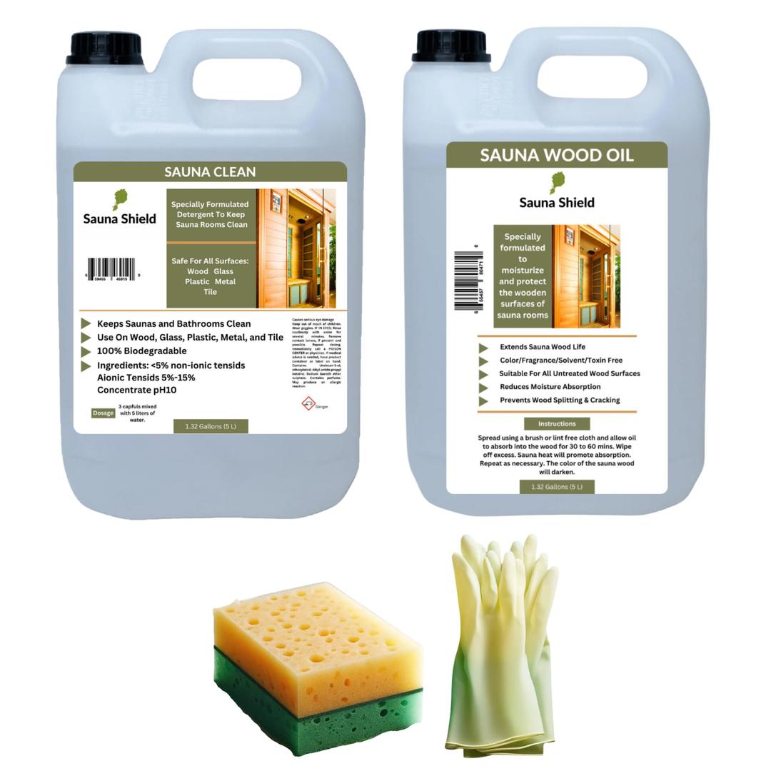 Sauna Room Care Set: Sauna Wood Oil & Sauna Wood/Room Cleaner (1.32 Gallons Each) with Sponge Applicator, Clear