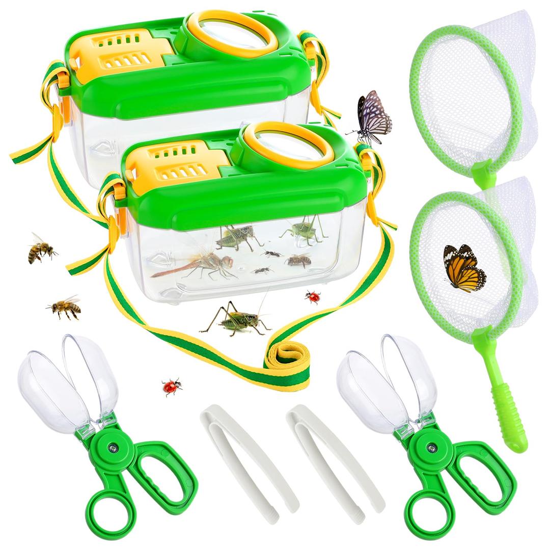 2Sets Bug Kids Catcher - Sturdy Kids Catching Kit of Christmas Bug Gifts with Bug Collector Butterfly Net Tweezer, Kids Bug Habitat Outdoor Explorer Kit for Kids Age 3 4 5 6 7 8, 8Pcs