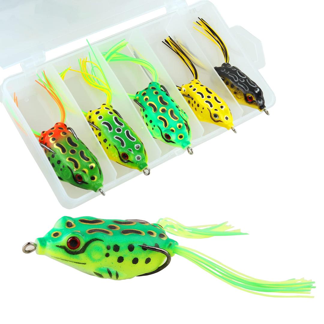 5Pcs Topwater Frog Lures Sets with Bait Box, Frog Lure Ray Frog Topwater Fishing Crankbait Lures, Frog Artificial Soft Bait for Bass Snakehead, Weedless Freshwater Soft Simulated Frog Bait