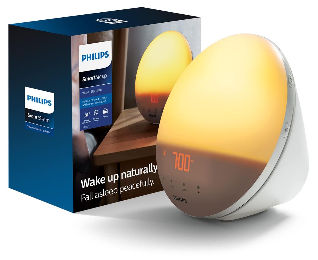 PHILIPSSmartSleep Wake-up Light, Colored Sunrise and Sunset Simulation, 5 Natural Sounds, FM Radio & Reading Lamp, Tap Snooze, HF3520/60