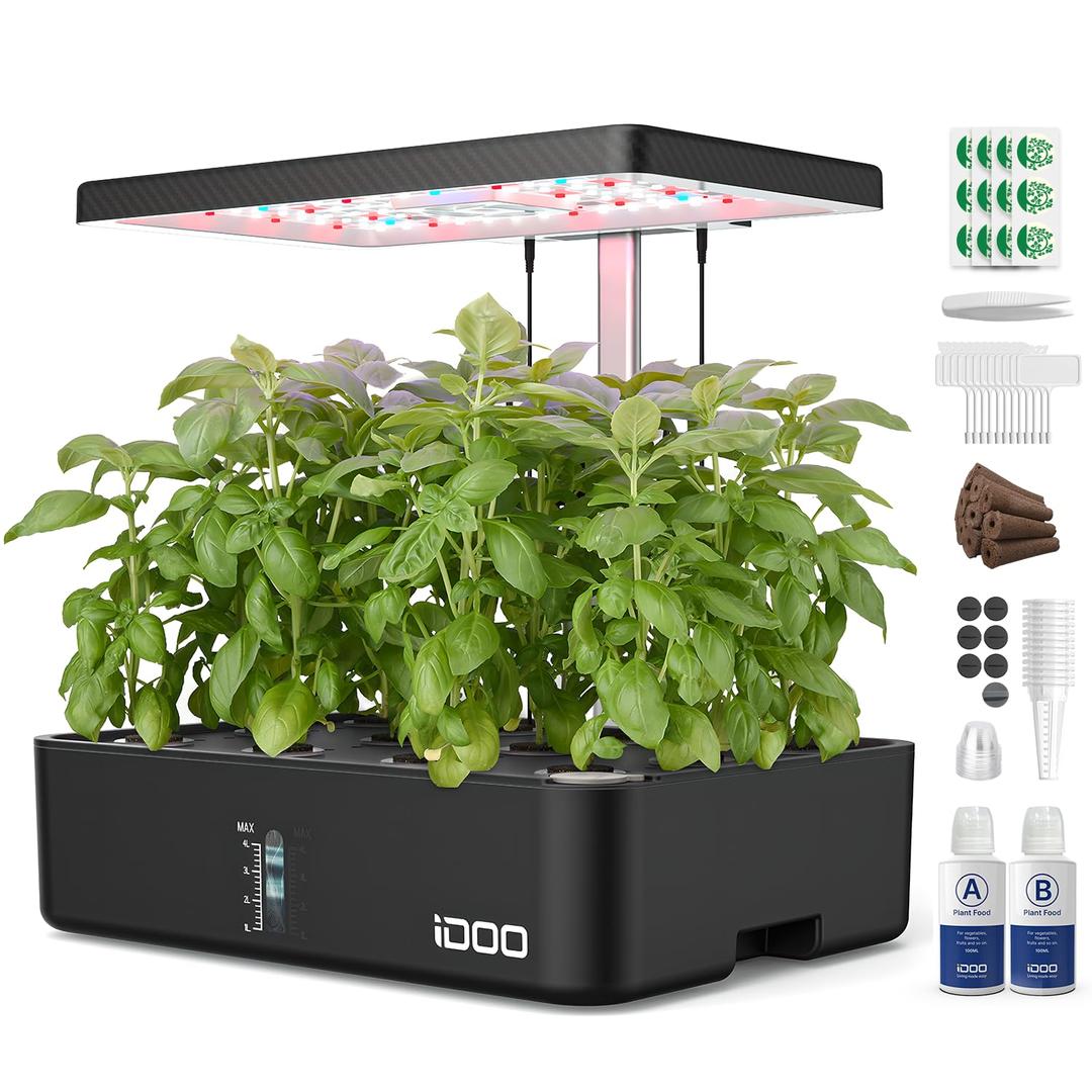 iDOO Hydroponics Growing System Kit 12Pods, Christmas Gifts Gardening Gifts for Women Mom, Indoor Herb Garden with LED Grow Light, Built-in Fan, Auto-Timer, Adjustable Height Up to 11.3", 12Pods-Black