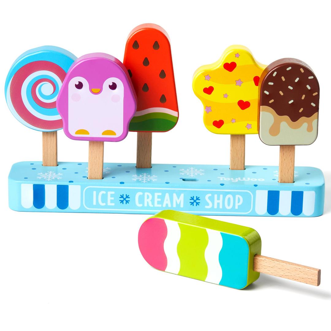 Wooden Ice Cream Toy for Kids, Toddlers Ice Lolly Pops Pretend Play Food Toys Ice Cream Shop Playset Gifts for Kids Age 3 4 5 6 Years Old