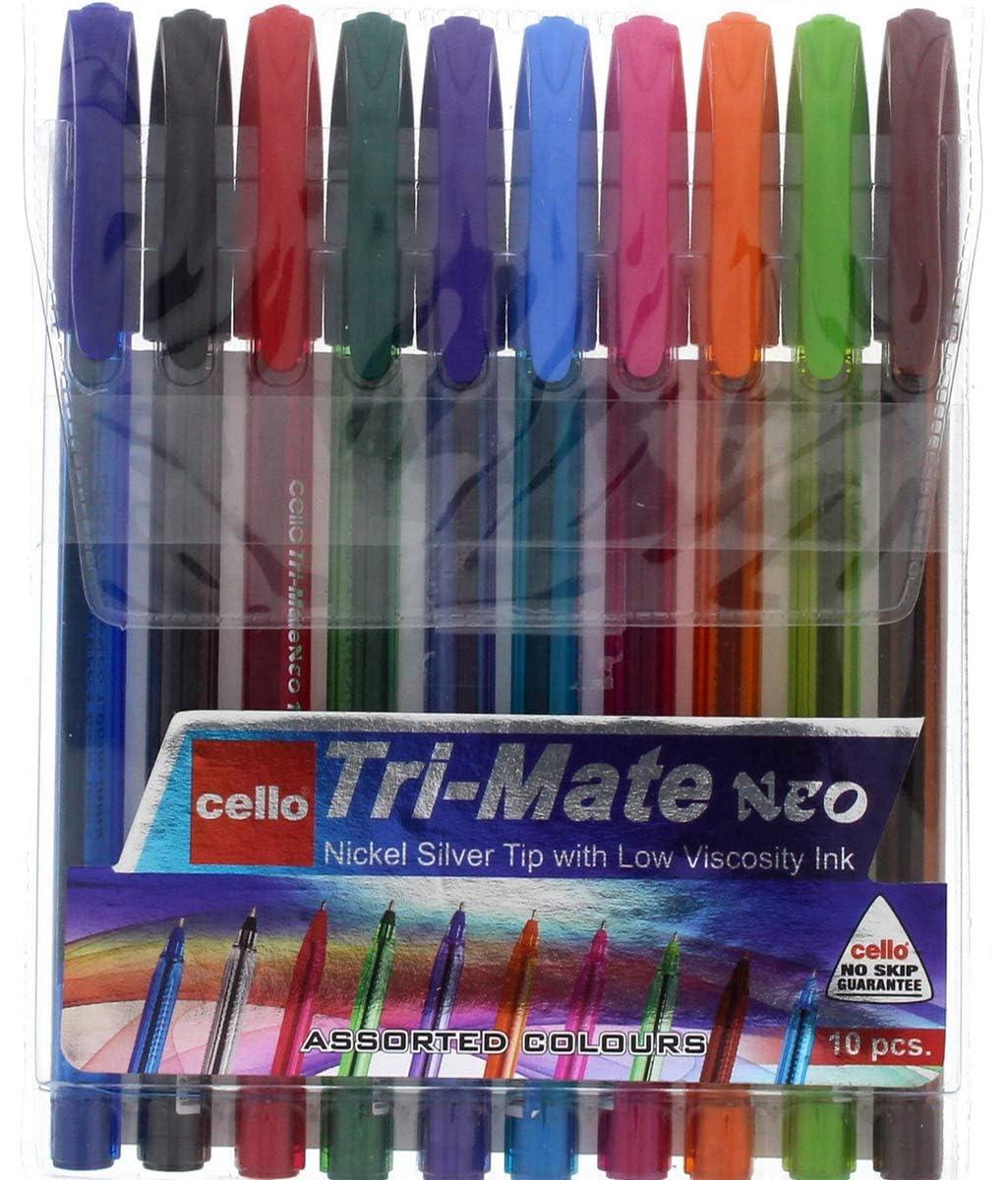 CelloOriginal Tri-Mate Triangular Barrel Ballpoint Pen Medium Point Biro (1.0mm) (Assorted, Pack of 10)