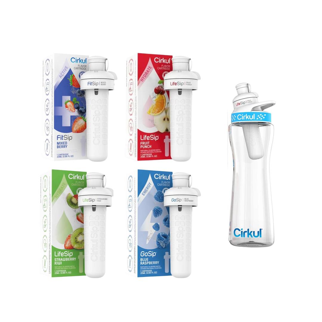 cirkul 22 oz Plastic Water Bottle Starter Kit with Blue Lid and 4 Flavor Random Cartridges - Electrolytes, Vitamins, No Sugar, LifeSip, GoSip and FitSip - Complete Hydration Solution.