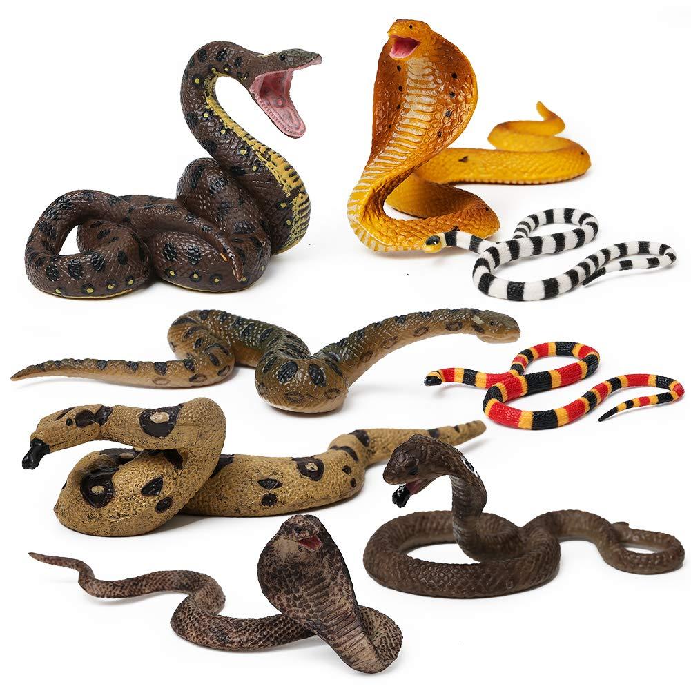 UANDME 8pcs Fake Snakes Toy Figurines Realistic Fake Snake Prank Rubber Snake Props Scary Snake Toy Scare Birds, Cobra Snake, Boa Constrictor, Coral Snake, Rattlesnake Wild Life Figures