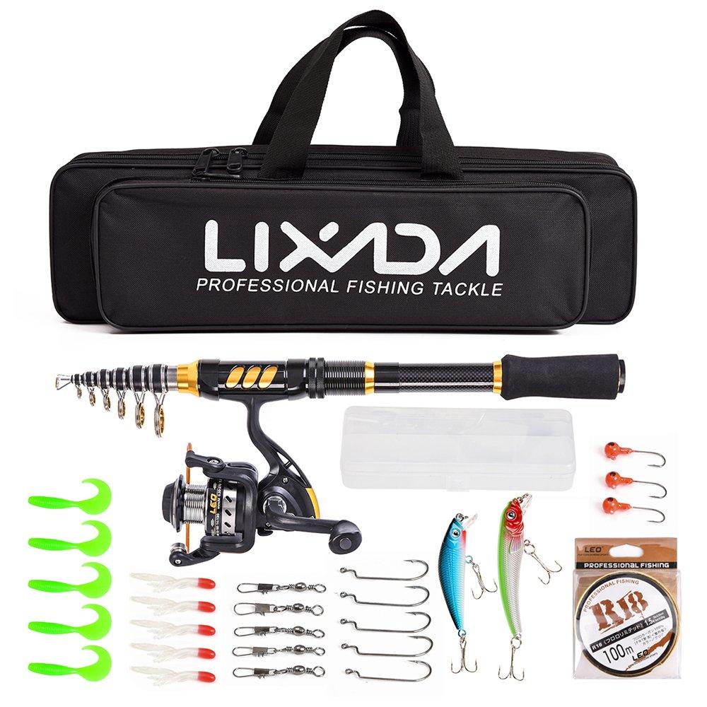 Lixada Fishing Rod Reel Combo Telescopic Fishing Rod Spinning Reel Jigs Swivels Saltwater Freshwater Travel Fishing Accessories Kit (Black, 2.4 M)