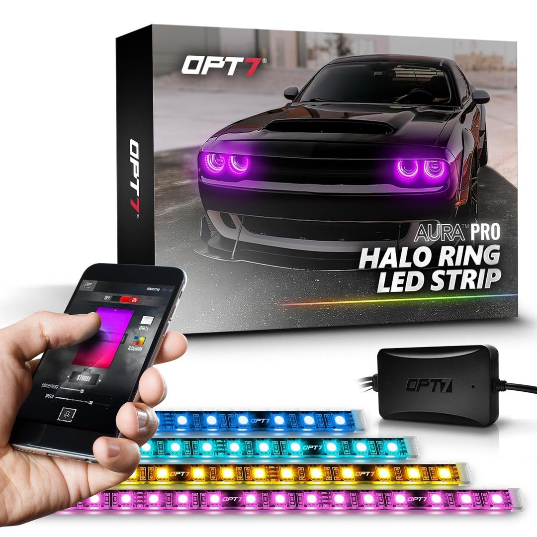 OPT7 Aura Pro Halo Light DRL for 08-23 Dodge Challenger, Bluetooth RGB Full Color Spectrum Demon Eye, Angel Eye Kit, Easy Installation, App Enabled iOS & Android