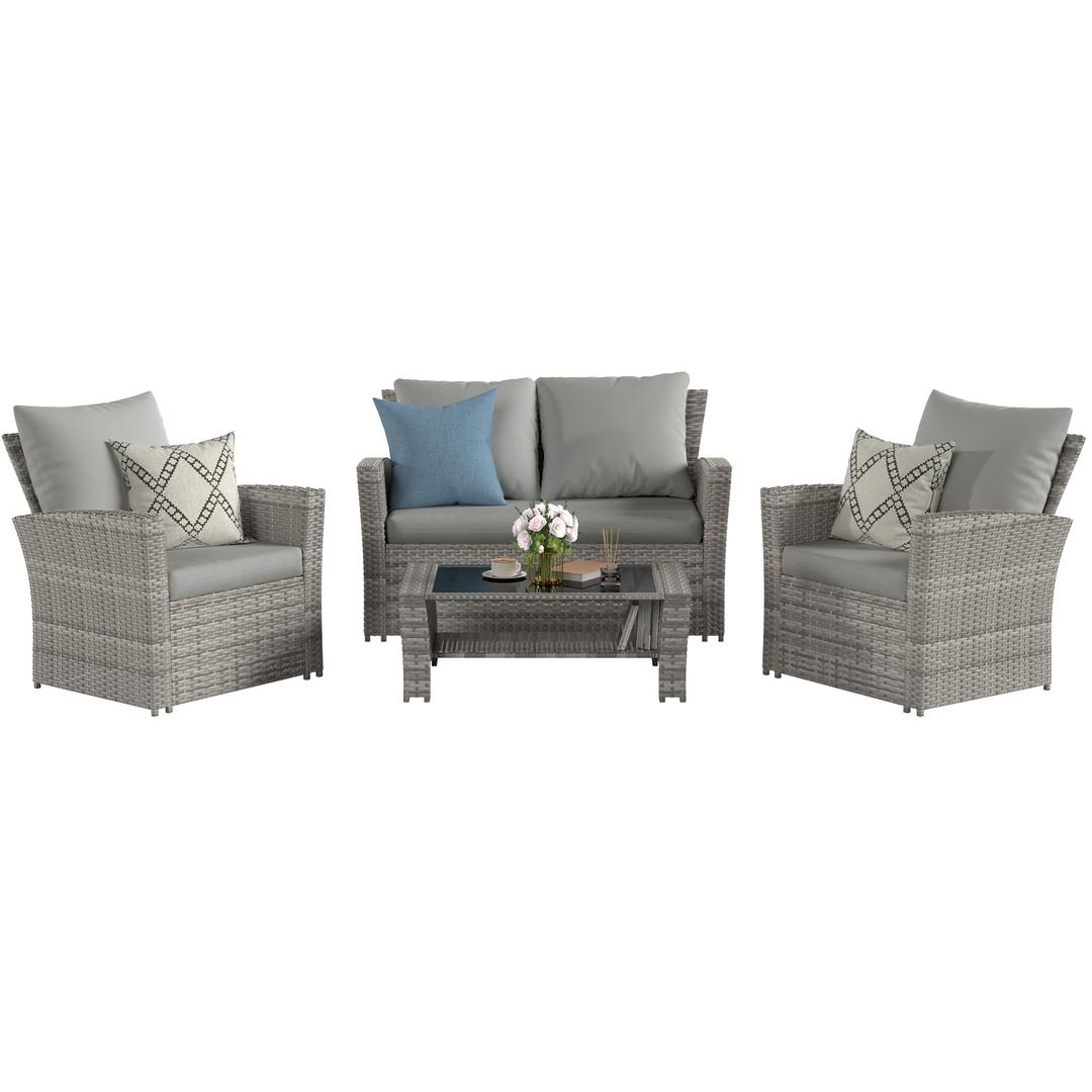 4 Pieces Patio Furniture Set,Wicker Outdoor Sectional Sofa Sets, Grey PE Rattan Patio Conversation Set for Balcony, Porch, Grey