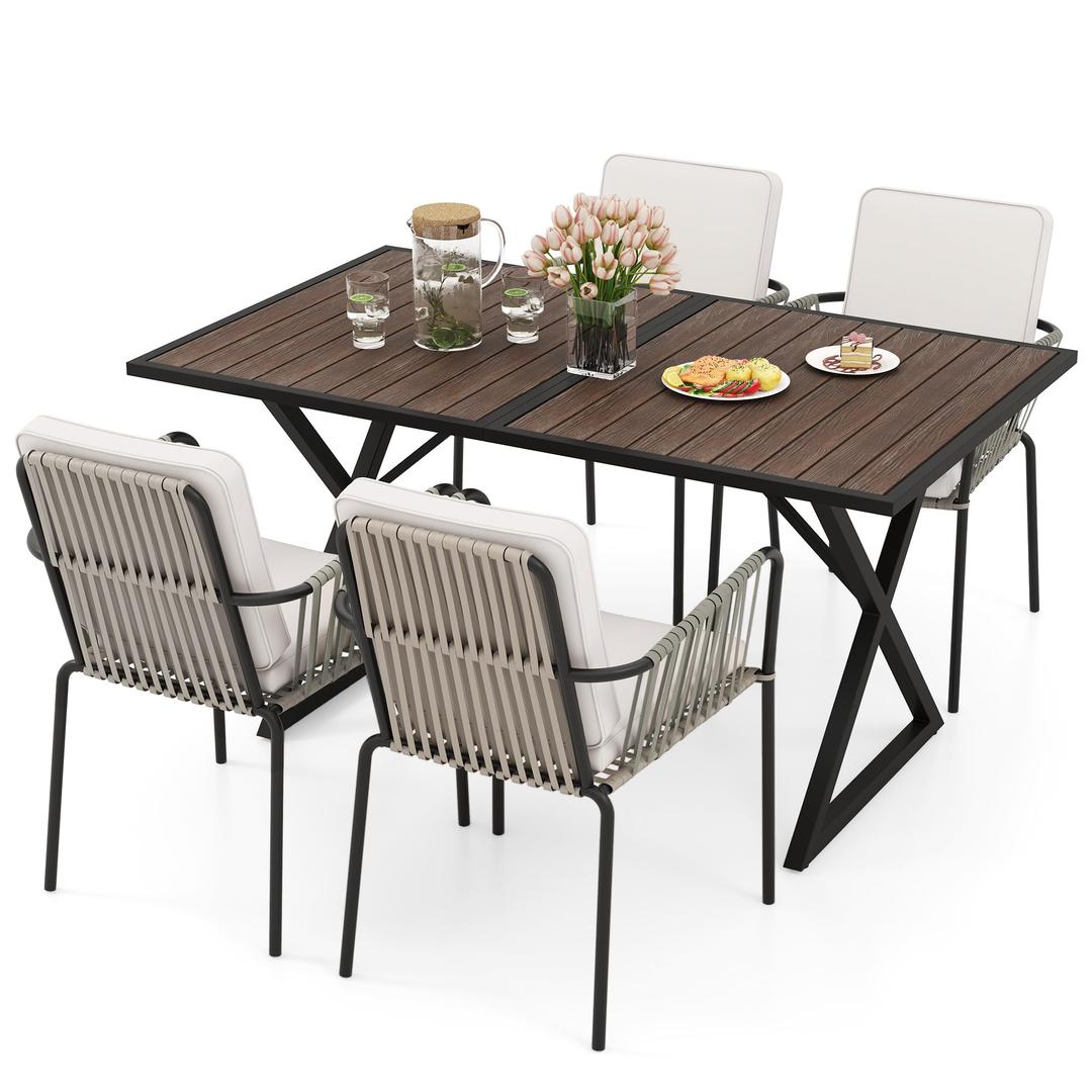 YITAHOME 5 Piece Patio Dining Set Outdoor Furniture Stackable All-Weather Comfortable Rope and Rattan Chairs Metal Frame with Faux Wood Tabletop for Courtyard Backyard Poolside Balcony, Brown & Grey