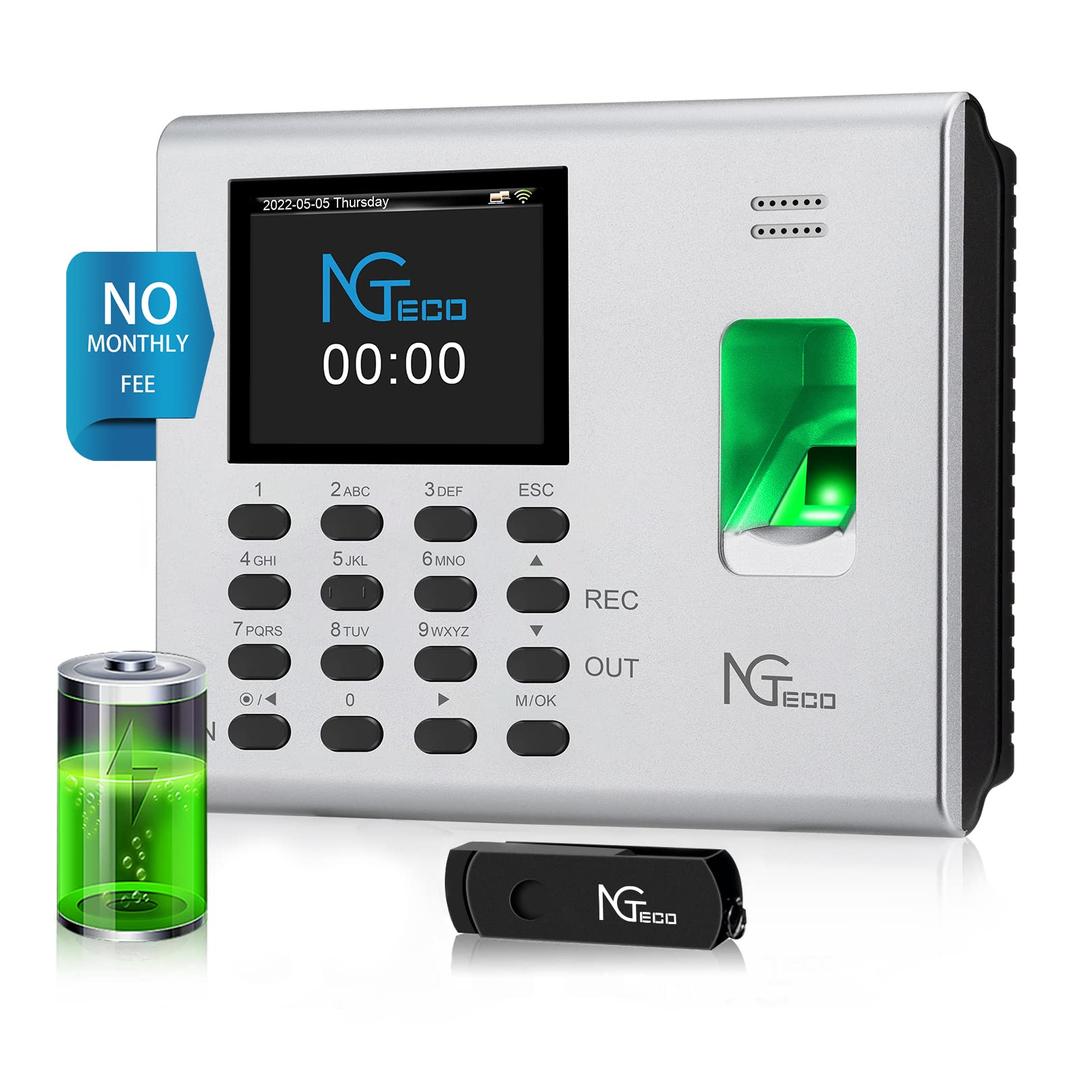 NGTecoTime Clock for Small Businesses, 2.4GHz WiFi Fingerprint Time Clock with Battery Backup, Automatic Punch in/Out, No Monthly Fees, Compatible with iOS/Android App