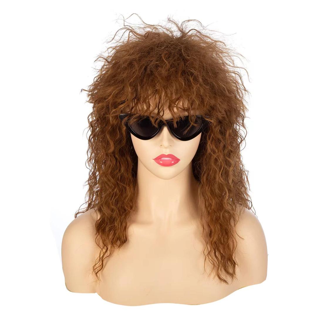 Brown Long Curly Wig 70s 80s Mullet Wig Punk Heavy Metal Rock Cosplay for Men and Women Wigs