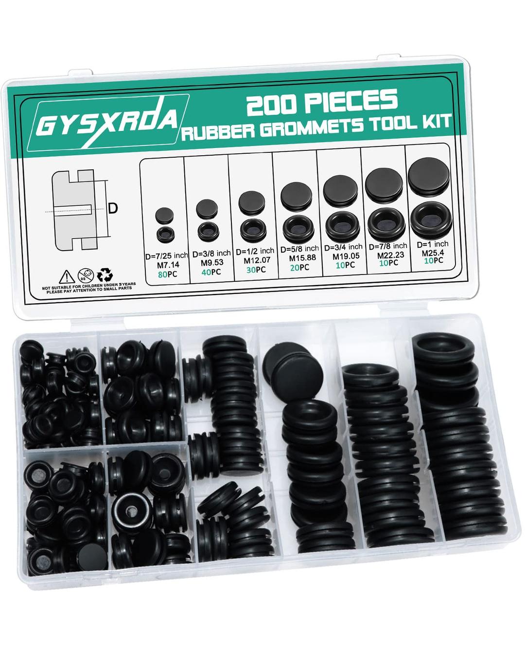 Rubber Grommet Kit 200 Pack - 7 Sizes Firewall Rubber Hole Plugs Rubber Grommets for Wiring, Automotive, Home Improvement Cord Pipe Wire Organization (7/25, 3/8, 1/2, 5/8, 3/4, 7/8, 1 inch)