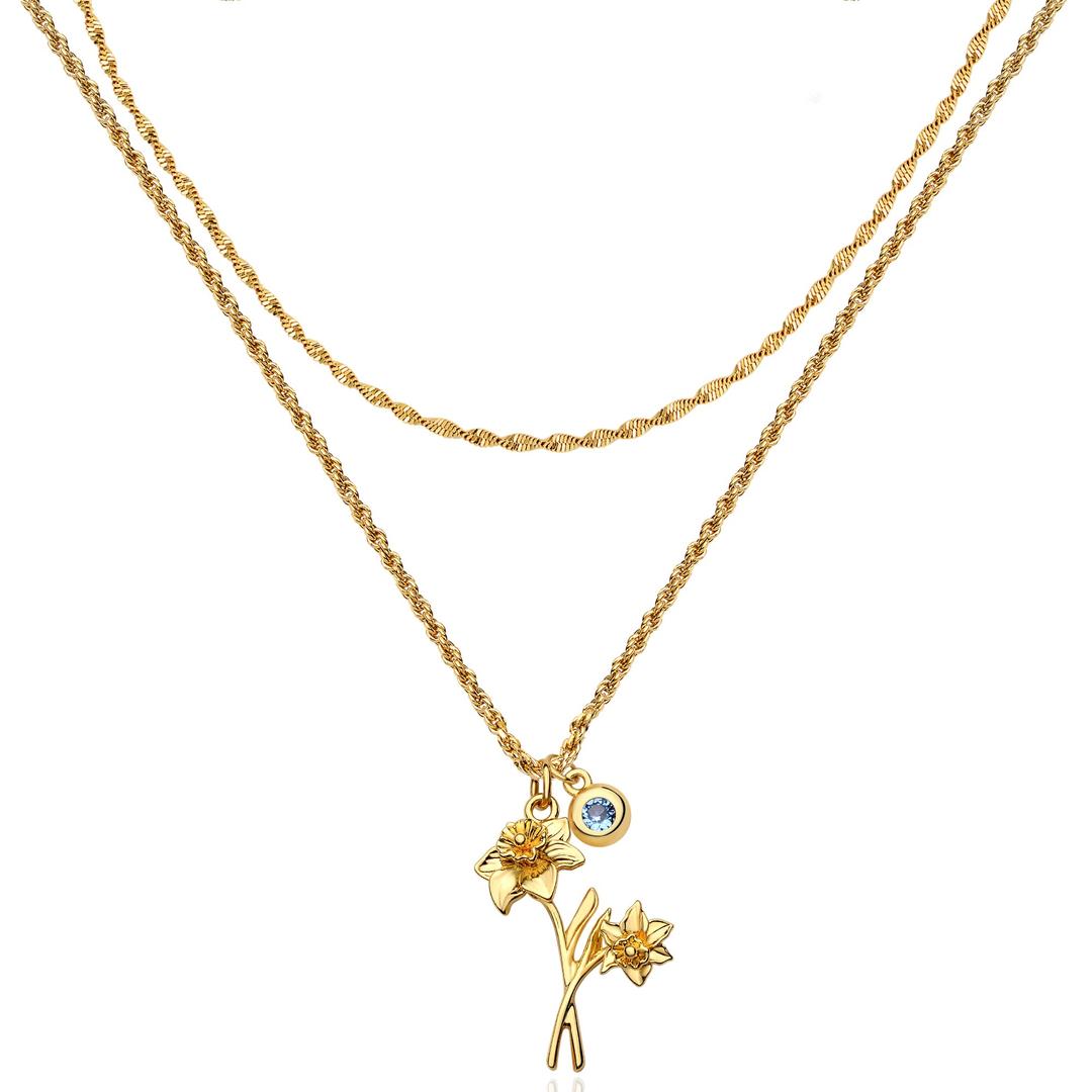 MTMY Birth Flower Necklaces for Women 18K Gold Plated Dainty Layered Birth Month Flower with Birthstone Pendant Necklaces Personalized Custom Floral Jewelry