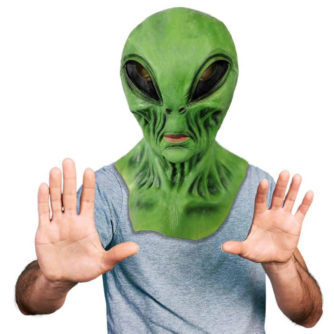 Teradary Alien Mask, Realistic Latex Spaceman Head Mask, Novelty Pattern Mask for Adults Halloween Costume Party Props - Green