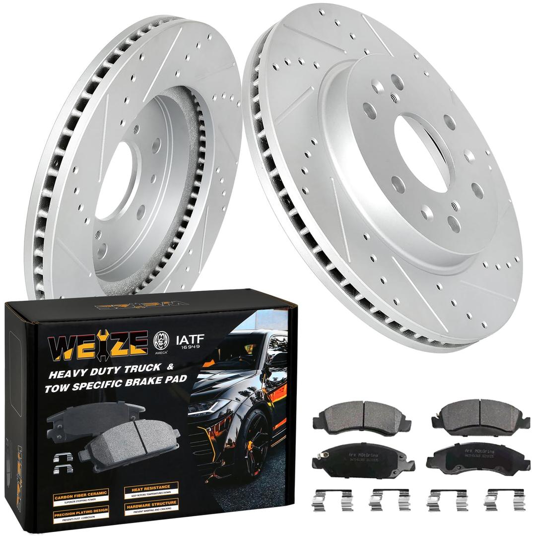 WEIZE Front Disc Brake Pads and Rotors Kit for Truck & Tow, with Carbon-Fiber Ceramic Brake Pads, Fit for Chevy Silverado Suburban 1500 GMC Yukon Sierra Cadillac Escalade ESV EXT XTS