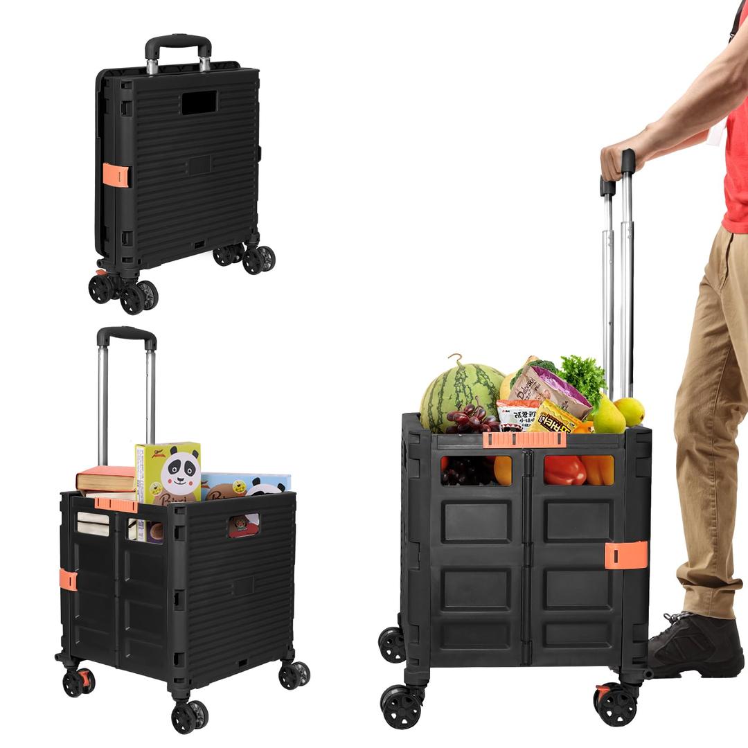 Foldable Shopping Trolley Wheel Box, Foldaway Trolley, Folding Boot Cart Telescopic Adjustment Handle with Lid Wear-Resistant Noiseless 360°Rotate Wheel 50KG/110LBS Load Capacity Portable Box