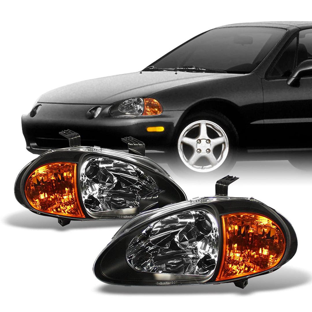 AKKON - For Honda Del Sol Black 1 Piece Amber Headlights/Corner Signal Lamps Left + Right