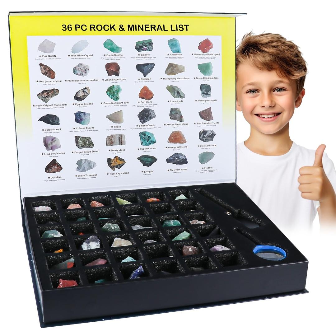 Rock Collection for Kids - 36pc Cool Rocks and Gems Stones Crystals Kit - Rocks and Minerals Science Kit with Leaning Guide - Earth Science Activity Kit - Rock Collection Box for Kids