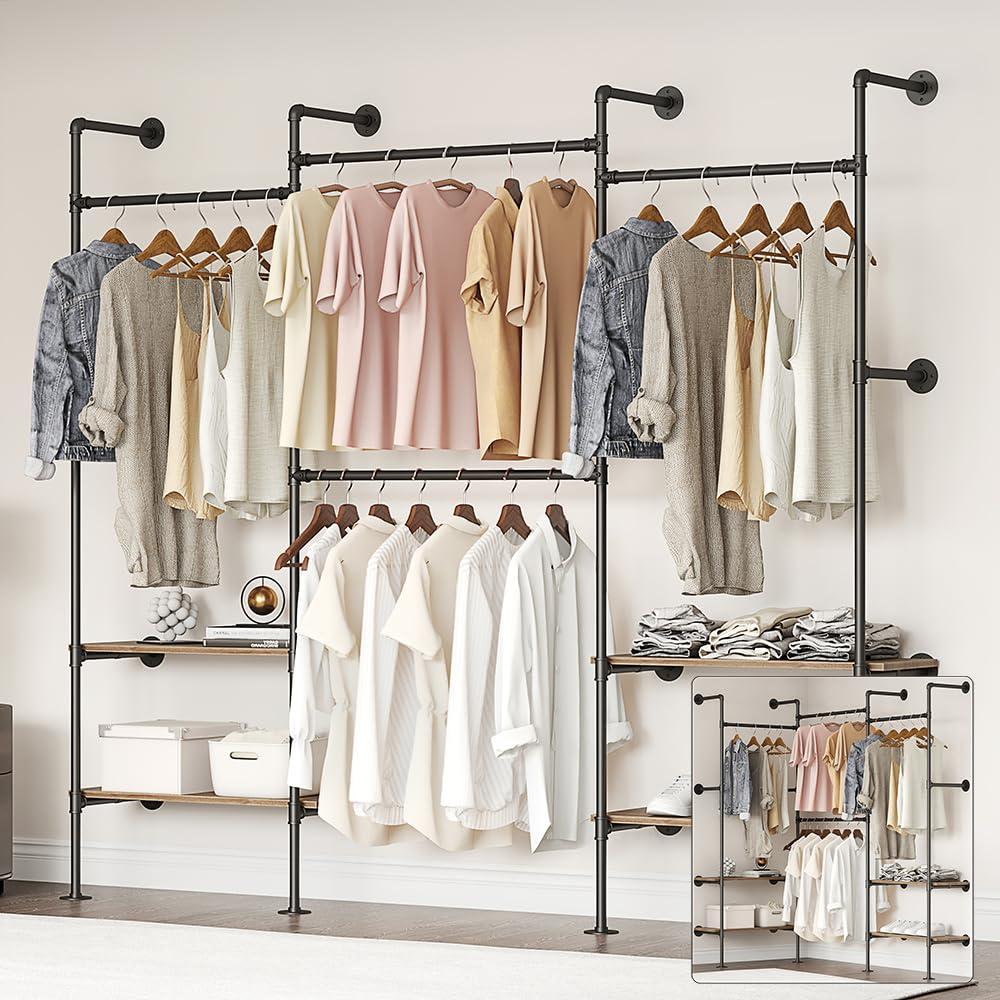 Industrial Pipe Clothing Rack, Wall Mounted Clothes Rack for Hanging Clothes, Retail Display Rack with Shelves, Add Corner installation method