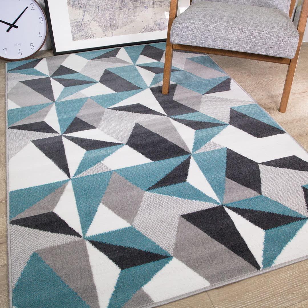 Milan Grey Silver Cream Duck Egg Blue Kaleidoscope Geometric Modern Traditional Living Room Rug